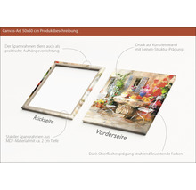 Produktbeschreibung einer Leinwand mit einem Gartenmotiv, Größe 50x50 cm, mit MDF-Rahmen