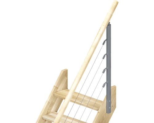 Escalier en bois avec garde-corps à câbles en acier inoxydable et main courante en bois