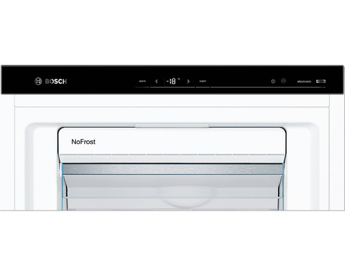 Vue intérieure d''un congélateur avec fonction No Frost et logo Bosch