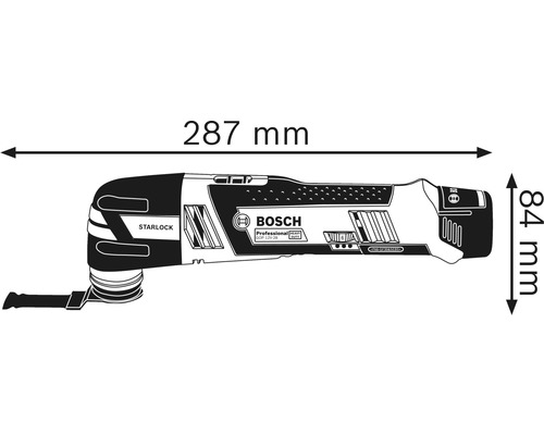 Dimensions de l''outil multifonction Bosch: 287 mm de longueur et 84 mm de hauteur