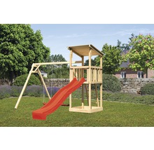 Holzspielturm mit Schaukel und Rutsche im Garten
