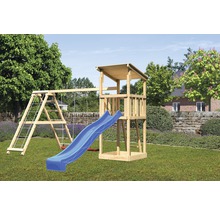 Tour de jeux avec balançoire et toboggan en bois dans le jardin