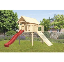 Karibu Stelzenhaus Fidel Fichte inkl. Wellenrutsche 3 m rot und Holzrampe