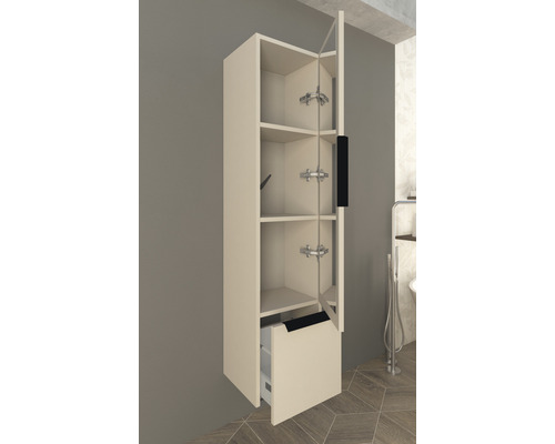 Armoire haute de salle de bain ouverte avec étagères et tiroir