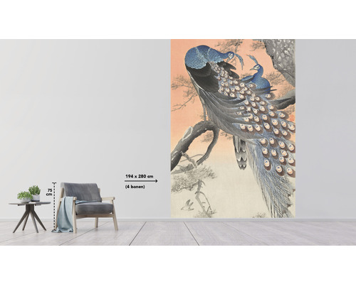 Papier peint photo motif paons sur une branche, dimension 194 x 280 cm