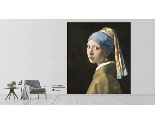 Wandbild mit dem Gemälde Mädchen mit dem Perlenohrgehänge von Jan Vermeer, Größe 243 x 280 cm