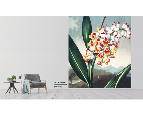 Image murale à motif floral dans un intérieur avec chaise et table