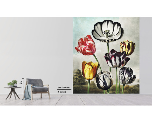 Papier peint photo avec motif tulipes dans le salon, dimensions 243 sur 280 centimètres
