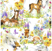 Illustration von Fohlen, Katzen, Entenküken und Blumenmuster