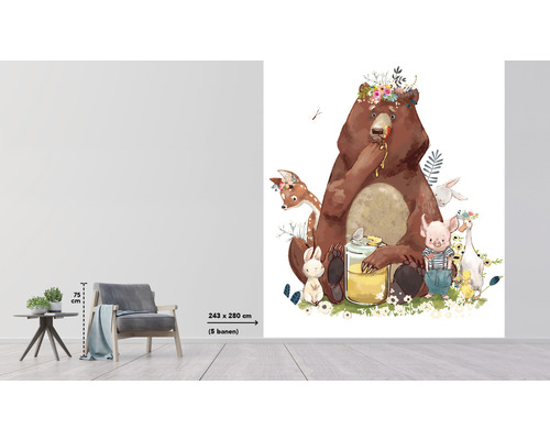 Papier peint photo avec un ours, un chevreuil, un lièvre, un cochon et une oie avec des fleurs sur la tête