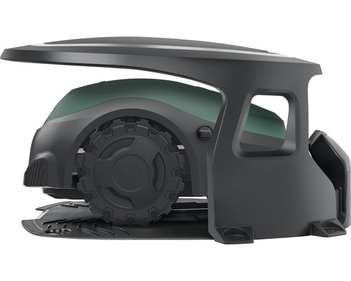 Rasenmähroboter mit Unterstand für Gartengeräte