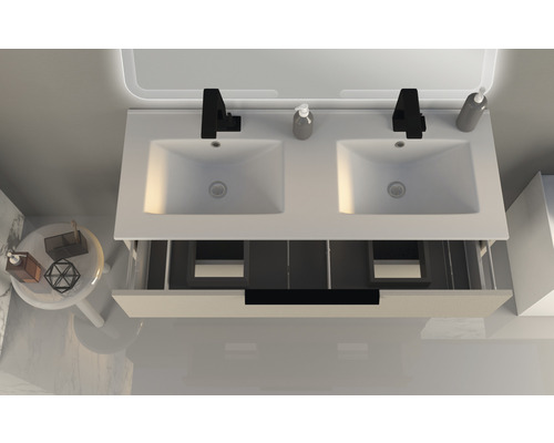Meuble-lavabo avec double vasque et tiroir ouvert vu de dessus