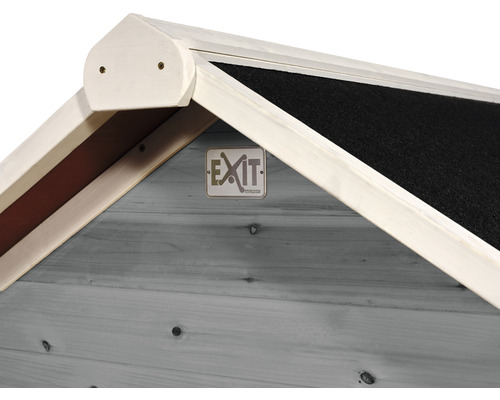 Vue détaillée de la maison en bois avec le logo EXIT Toys