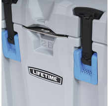 Vue détaillée d''une glacière grise d''une capacité de 28 litres avec le logo Lifetime.