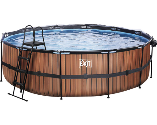 Ensemble de piscine tubulaire hors sol EXIT WoodPool ronde Ø 488x122 cm avec groupe de filtration à sable, bâche et échelle aspect bois