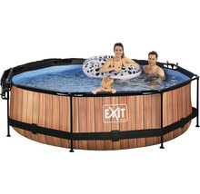 Runder Pool mit Holzoptik und Familie im Wasser