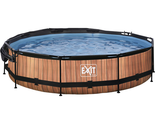 Ensemble de piscine tubulaire hors sol EXIT WoodPool ronde Ø 360x76 cm avec épurateur à cartouche et pare-soleil aspect bois