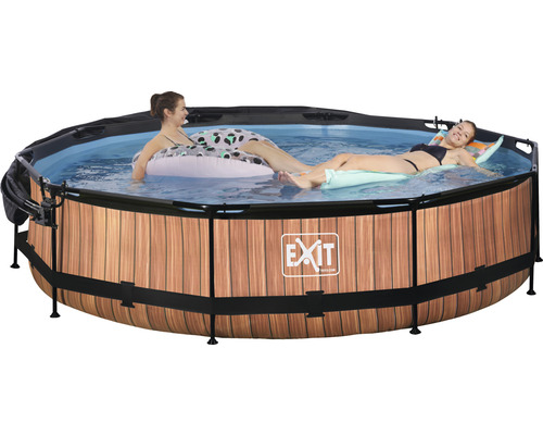 Aufstellpool mit Holzoptik und zwei Personen im Wasser