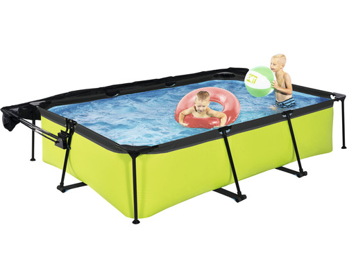 Rechteckiger Frame Pool mit Kindern und Poolzubehör