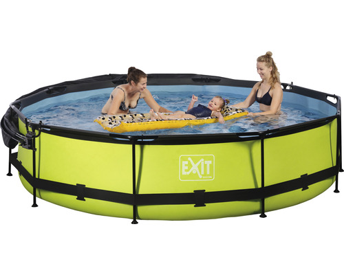 Rundes Frame-Pool-Set mit Personen im Wasser und EXIT Toys Logo