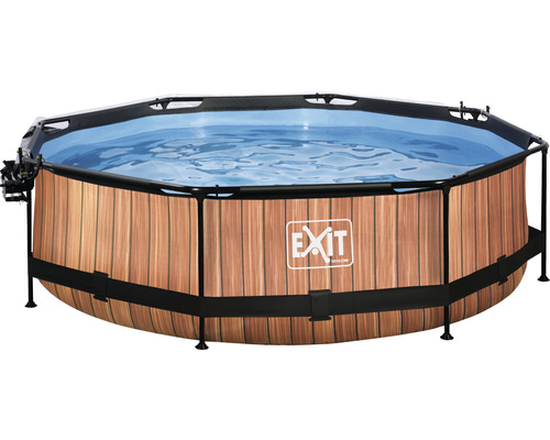 Ensemble de piscine tubulaire hors sol EXIT WoodPool ronde Ø 300x76 cm avec épurateur à cartouche, bâche et protection solaire aspect bois