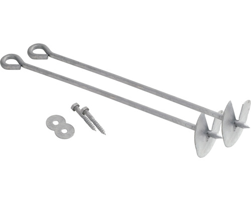 Zwei Erdschrauben mit Öse, Schrauben und Unterlegscheiben