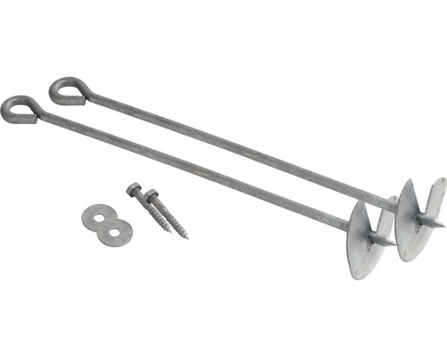 Zwei Erdnägel mit Öse, zwei Schrauben und zwei Unterlegscheiben