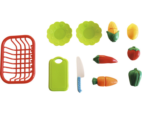 Set de cuisine jouet avec égouttoir, assiettes, légumes et planche à découper