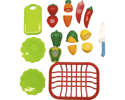 Ensemble d''aliments jouets avec planche à découper, assiettes, couteau et divers fruits et légumes