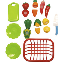 Ensemble de jeu avec des aliments jouets, y compris fraise, carotte, piment, poivron, maïs, citron, planche à découper, couteau, assiette et égouttoir