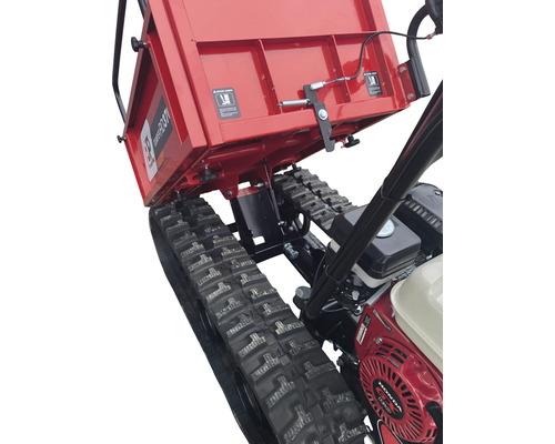 Vue détaillée d''une brouette à moteur sur chenilles avec une benne basculante relevée