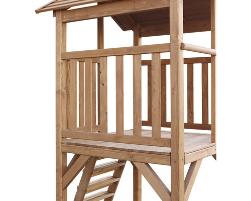 Vue détaillée d''une cabane de jeux en bois avec échelle et plate-forme couverte