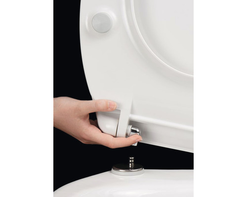 Hand montiert einen Toilettensitz auf einer Toilette.