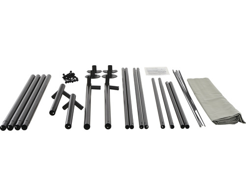 Einzelteile eines Pavillons bestehend aus Stangen, Schrauben und Abdeckung