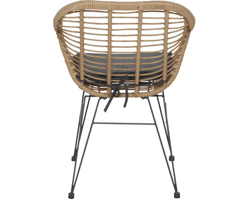 Korbsessel mit Metallgestell und Sitzkissen, Rückansicht.