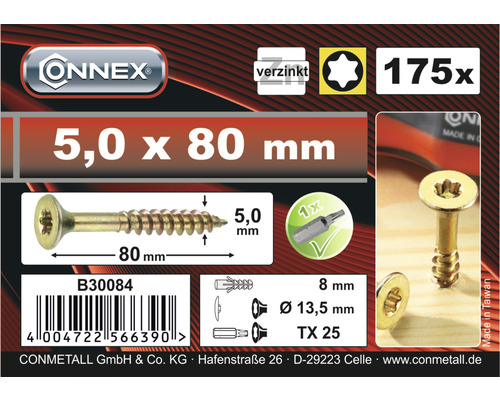 ONNEX Holzschrauben 5,0 x 80 mm, verzinkt, 175 Stück