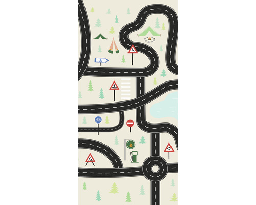 Illustration d''une carte routière avec des panneaux de signalisation, des arbres et des tentes