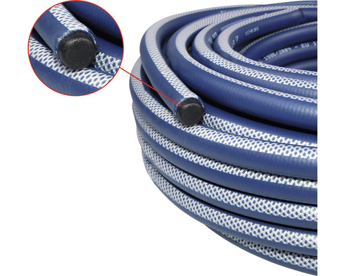 Tuyau d''arrosage bleu avec motif textile et bouchon d''arrêt noir