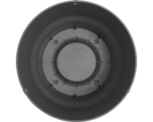 Innenansicht eines grauen Pflanztopfs mit Elho Logo.