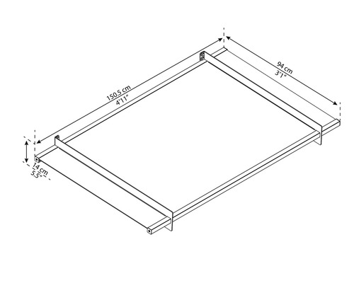 Schema des Bettgestells mit Abmessungen 150,5 cm x 94 cm und einer Höhe von 14 cm.