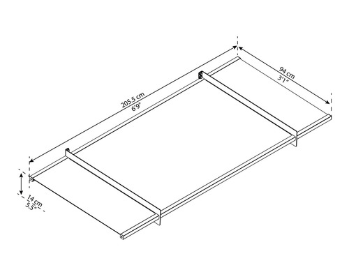 Technische Zeichnung eines Bettgestells mit den Maßen 205,5 cm Länge, 94 cm Breite und 14 cm Höhe
