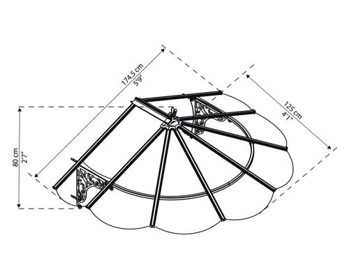 Technische Zeichnung einer Markise mit Maßangaben.