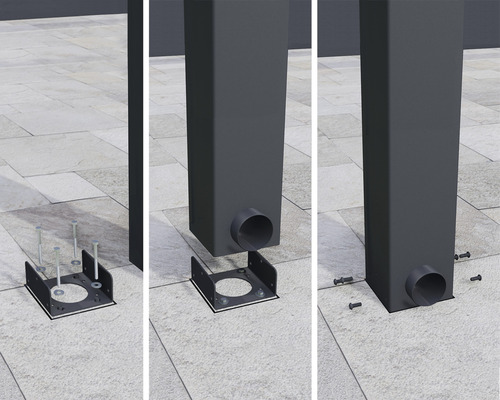 Montage d''une fixation de poteau sur un sol en pierre en trois étapes