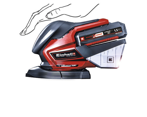 Einhell Akku-Exzenterschleifer mit Staubfangsack und Hand-Symbol