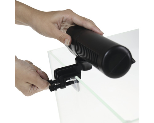 Aquarium Filter mit Halterung am Aquarium befestigt