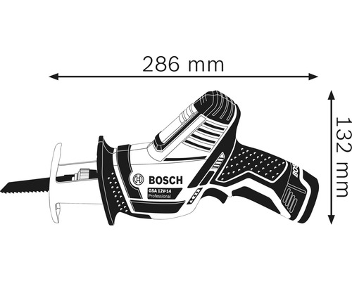 Image des dimensions de la scie sabre sans fil Bosch, 286 mm de longueur et 132 mm de hauteur