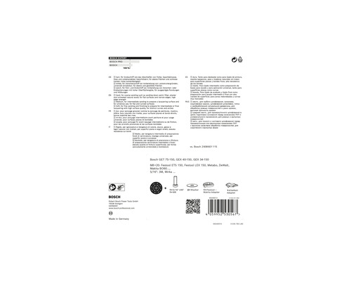 Dos de l''emballage des disques abrasifs Bosch contenant des informations sur l''application et la compatibilité.