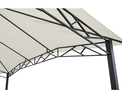 Detailansicht des Pavillondachs mit Metallrahmen und Stoffbespannung