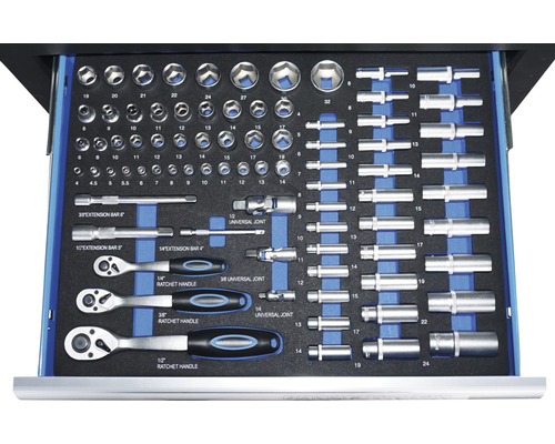 Werkzeugwagen Schublade mit Steckschlüsseln, Verlängerungen und Ratschengriffen