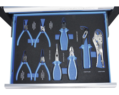 Schublade mit verschiedenen Zangentypen in Schaumstoffeinlage